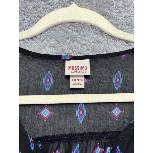Mossimo Womens Black Sheer Top 2XL Aztec V Neck Peasant Boho Purple Popover XXL - Picture 3 of 7